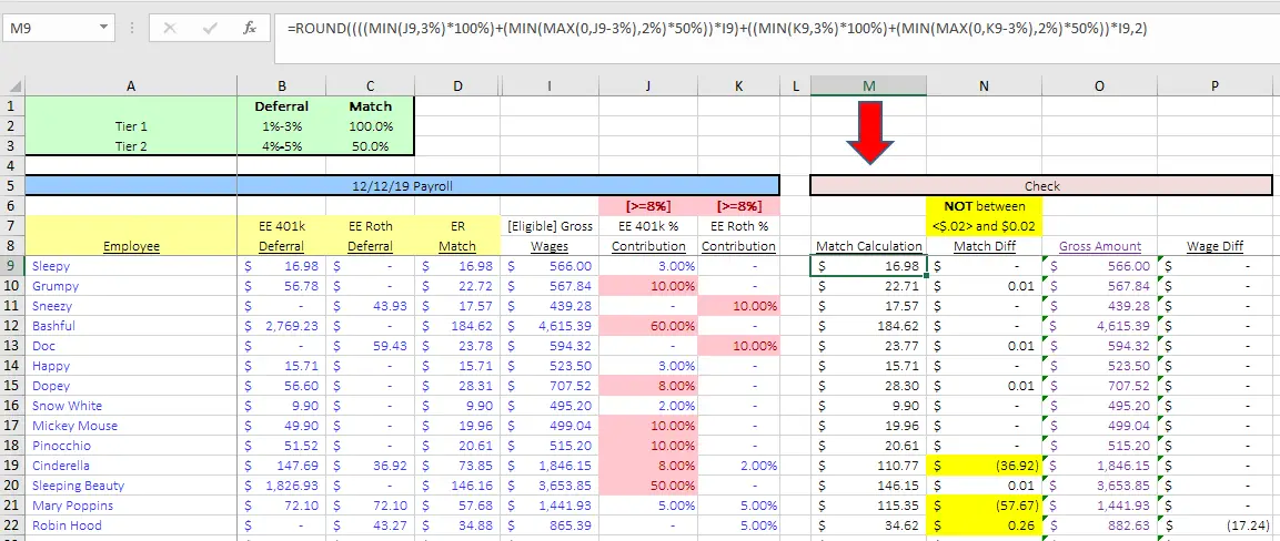 Excel formula to calculate 401k match with BOTH 401k AND ...